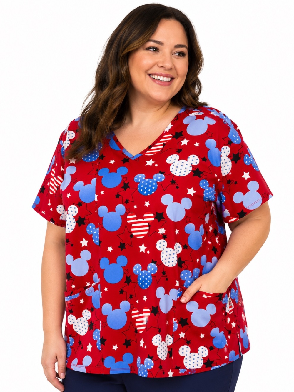 Disney Mickey Mouse Patriotic Stars & Stripes V-Neck Scrub Top 3X Plus Size